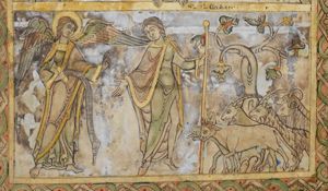 to the left stands an angel, stretching his left hand forward in a gesture of speech, holding an inscribed scroll in his right; Joachim turns his head back to his right, looking at the angel, holding his right hand down with the palm turned up and his left hand forward, holding a staff; a cow and some goats in front of a tree to the right.