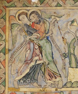 Jacob and the angel with their arms stretched forward around each other, both holding an inscribed scroll.