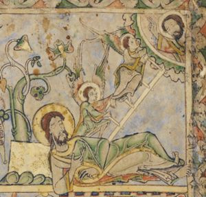 Jacob is lying asleep on his right side, on the ground, with a stone for pillow, and leaning on his right arm; behind him a ladder reaches from earth to heaven, with two angels ascending it; in heaven God stretches his right hand forward in a blessing gesture.