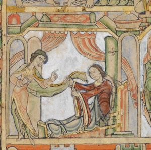 Joseph walking to the left, towards an open door, turning his head back to his left, stretching his left hand back sidewards in a gesture of speech and holding his right hand in front of his chest; Potiphar's wife, seated on a bed, her hair in a ponytail, covered with a cloth stretches both hands forward, seizing Joseph's robe with her right and making a speaking gesture with her left; a second open door behind her; architectural setting, curtains.