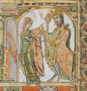 Potiphar's wife stands before her husband, turning her head to her left, towards him and stretches her hands sidewards to her left, holding Joseph's cloak; Potiphar sits on a folding chair, wearing a crown, turning his head to his right, stretching both hands sidewards to his right, holding a sceptre in his left, with which he also makes a speaking gesture, and pointing at his face with his right head.