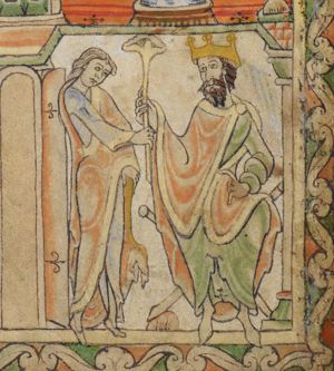 Pharaoh, seated on a folding chair, gives a sceptre to Joseph with his right hand raised and holds his left hand forward in a gesture of speech; Joseph, pulling up his cloak with his left hand, accepts the sceptre with his right hand stretched forward; architectural setting.