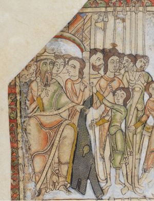 Saul, seated to the left under a canopy, holding his right hand in front of his chest in a gesture of speech, stretches his left hand forward, presenting his armour to David, standing before him, who stretches both hands forward, showing the sling and a stone, which he holds in his left and holding his shepherd's crook in his right hand; a group of men behind Saul, one of which turns his head back to his right, and holding his right hand in front of his chest, in a gesture of speech.