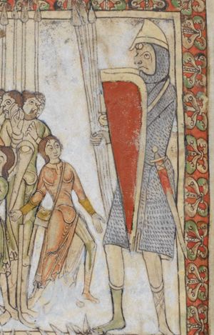 David, to the left, is turning his sling around with his right hand, holding his left hand down with the palm in front view; Goliath, holding his shield in his left, three lances in his right, is hit by a stone against his forehead; a group of men behind David, with lances and one with an axe; one holds his right hand in front of his chest, raising his left hand in a gesture of speech.