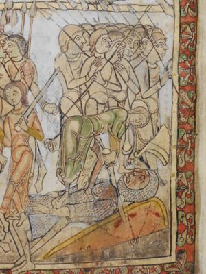David, stepping on Goliath's body, bowing down over it, stretches his hand down, holding Goliath's sword and cuts off his head; Goliath is lying on his back on his shield, with his tongue stuck out; in the background Israelites pursue Philistines from left to right; they carry lances and javelin; the foremost of the Israelites, turns his head back to his right, holding his right hand in front of his chest in a gesture of speech and stretches his left hand forward pointing at the Philistines, one of whom raises his right hand pointing upwards.