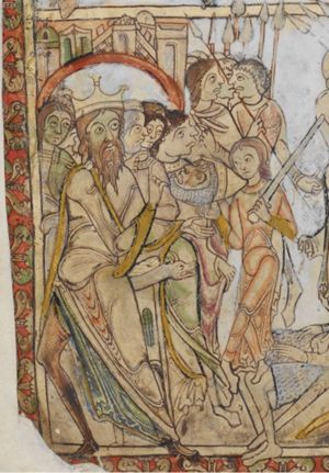 David holds his right hand forward, carrying the head of Goliath, holding the sword in his left; Saul is standing in front of a chair under a canopy, and turning his head back to his left, towards David, while he stretches both hands back sidewards to his left, making a speaking gesture with his right hand and turning the palm of the right up; behind him a group of Israelites, one of whom pulls up his cloak with his left.