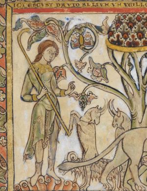 David, on the left, stands with his shepherd's crook held over his right shoulder, stretching his left hand forward, pointing at a tree, over the heads of two fighting goats.