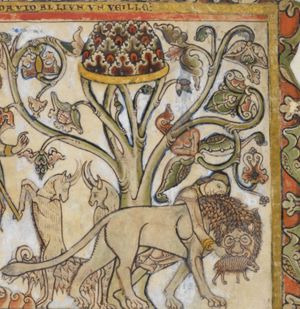 standing behind the lion and bowing over it, David holds his right hand down, around the lion and seizes the lamb, beneath a tree.