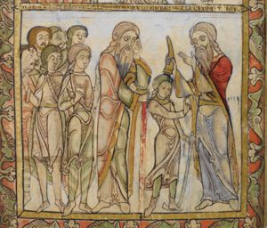 Samuel, with both hands raised, makes a blessing(?) gesture with the left and pours ointment from a horn, held down above David's head, with the right; David holds a shepherd's crook in his left and stretches his right hand forward in a gesture of speech; Jesse, standing behind him, turns his head to his left, towards David, resting his head in his left hand, his left elbow supported by the staff which he holds with his right; one of David's brothers, who are standing behind Jesse, touches his father's shoulder with his left and holds his right hand in front of his chest in a gesture of speech ; a second brother turns his head to his left, looking at David and Samuel, but points to the other side with his right hand raised.