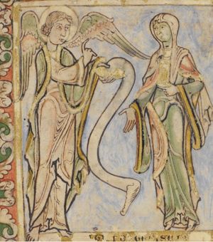 an angel, holding a scroll in his left hand, stretches his right hand forward in a gesture of speech; Anna, standing to the right, holds her left hand in front of her and stretches her right hand down with the palm in front view.