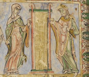 to the left of the Golden Gate, schematically represented by a rectangle, Anna is standing, holding the rim of her cloak with her right hand down, and stretching her left hand forward in a gesture of speech; to the right stands Joachim, holding his left hand in front of his chest in a gesture of speech, stretching his right hand forward with the palm in front view.