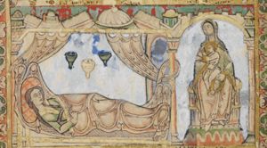 Anna lying in bed on the left, stretches her right hand forward in a gesture of speech(?) towards Mary, sitting - seen in three quarter view - in the lap of a seated midwife(?), and stretching both hands with the palms turned towards each other, to her mother; architectural setting with a doorway in the centre, curtains, knotted around columns; oil-lamps.