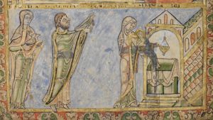 Anna stretches her hands forward, holding Mary above the altar of a small chapel, representing the temple; an oil-lamp over the altar; Mary holds her left hand forward with the palm in front view and her right hand in front of her chest in a gesture of blessing; Joseph holding a pair of doves in his out -stretched hands and a woman with a pair of doves in covered hands follow Mary.