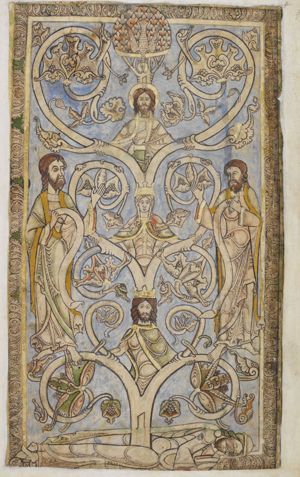 Jesse lying on his left side, head in his hand; sprouting from his loins is a `tree' with, from bottom to top: David, Mary (crowned) and Christ, all with their hands sidewards, holding `branches'; on either side: a man (a prophet?) stretching one hand, with the palm in front view, to the side, towards the tree, and holding a scroll with the other hand.