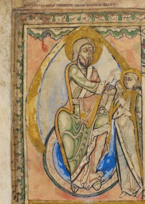seated on sphere in a mandorla, below a line of clouds, symbolizing heaven, God stretches his right hand forward in a blessing gesture and holds a book with his left; Gabriel holds his right hand in front of his chest, with the palm in front view and his left hand in front of his body in a gesture of speech.
