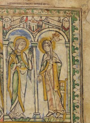 Mary, standing to the right in front of a chair, with her right hand down with the palm in front view and holding a book with her left arm in front of her chest, also making a speaking gesture with it, is visited by Gabriel, who raises his left hand with the index finger upwards, and holds his right hand in front of his chest in a gesture of speech, while holding a palm branch with it at the same time; the Holy Ghost as a dove descends upon Mary; architectural setting.