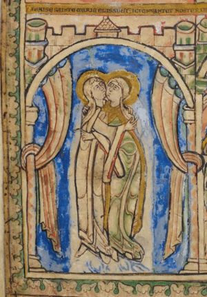 Mary and Elisabeth, both pregnant, embracing; architectural setting with curtains knotted around columns.
