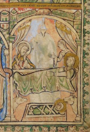 Mary, reclining in bed, stretching her left hand forward; Joseph at the bedside to the left, bending his left hand towards his head, his right hand in front of his chest, with the palm in front view; a woman (Mary Salome?) behind Mary's head, stretches her right hand forward, with the palm in front view; the Christ-child in the manger, with the ox and ass, in front of Mary's bed; architectural setting, curtains, oil-lamp.
