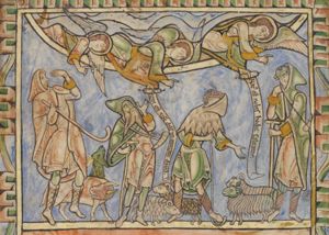 three flying angels appear from heaven, two with an inscribed scroll and all of them stretching their right hand forward in a gesture of speech; four shepherds make various gestures: one bends his left hand to his head as if to protect his eyes(?), holding a staff in his right; a second raises his left hand with the palm in front view, holding a staff in his right hand; a third stretches his left hand forward with the palm turned up, holding a shepherd's crook in his right; the fourth rests his head against his right hand, while his right elbow rests on a staff; a herd.