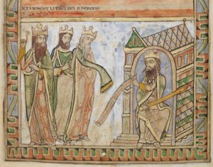 king Herod, sitting to the right, in front of a small edifice (symbolizing the `palace'?), stretching his left hand forward in a gesture of speech, also holding an inscribed scroll in it, resting his right hand on his knee, holding a sword; the foremost Magus holds his right hand in his sleeve, stretched forward; the second one holds his right hand in front of his chest, in a gesture of speech; the third one turns his head back to his left, looking at Herod, raising his right hand pointing up and pulling up his cloak with his left.