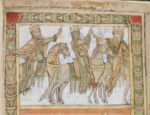 the foremost of the Magi, riding from left to right, turns his head back to his right and stretches his right hand backwards, pointing up; the two others, following him stretch one forward, pointing upwards.