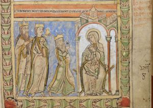 the Wise Men present their gifts: the foremost, dropping to his knee, raises his right hand in offering a ring(?), the second holds a stone box in his left and a sceptre(?) in his right; the third stretches his left hand, holding a small vase in it, over the shoulder of the second and holds his beard with his right hand; the Christ-child sits in the lap of Mary, who is seated under a canopy on a folding chair and holds her right hand forward, pointing at her son; he holds a book in his left(?) and stretches his right hand forward in a gesture of speech towards the Magi.