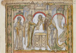 Mary, standing to the left of the altar, stretches her hands forward, presenting the Christ-child to Simeon; with his body turned towards Mary, Christ turns his head to his left, to Simeon, and stretches his right hand forward in a blessing gesture and holds a cross in his left; Simeon, barefoot, wearing a cap, stretches his hands forward, putting his right arm around Christ's shoulder; Anna holds a pair of doves in each covered hand, the right in front of her chest, the left one raised; architectural setting; curtains around a column.