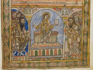 Christ, as a youth, seated on an elevated bench, stretches both arms sidewards, making a speaking gesture with the right and holding an open book with his left; the doctors, on either side of him, make various gestures: one, seated with his right hand resting on his knee, stretches his left hand forward in a gesture of speech; another one holds both hands in front of his body, in a gesture of speech, the right one directed to the left, the left one directed to the right; behind him a man raises his right hand with the index and little finger forward; architectural setting.