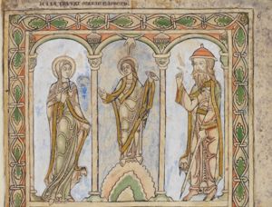 the youthful Christ, standing on a mound, holding a closed scroll in his left hand, turns his head to his right, towards Mary and stretches his right hand forward with the palm turned up in a gesture of speech; the `Dextera Dei' appears in heaven; Mary, to Christ's right, holds the rim of her cloak with the left hand down and holds her right hand in front of her chest in a gesture of speech; Joseph, wearing a hat, to Christ's left, holds a pointed staff in his left, raising his right hand in a gesture of speech; architectural setting.