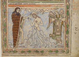 John the Baptist, standing at Christ's right, stretches both hands forward, towards Christ, his left hand with the palm in front view and making a blessing gesture with his right; the Holy Ghost descends from heaven; Christ - in three quarter view turned towards John - bows his head, raising his right hand with the palm in front view and holds his left hand in front of his chest; an angel, at his left, holds Christ's clothes.