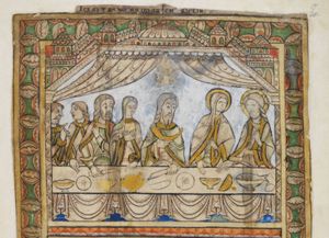 Christ, seated at the right, behind a table, holding his left hand in front of his chest in a gesture of speech, holding his right hand down in a blessing gesture; Mary sits to his right with her right hand held down and her left hand in front of her body; in the centre of the scene the architriclinus (or the groom?) holds a knife in his left and a drinking-horn in his right; the bride with her right hand in front of her chest with the palm upwards and stretching her left hand down, pointing; the groom (or architriclinus) holds his left hand in front of his chest and a knife in his right; two men to the left, one of which is holding his right hand forward in a gesture of speech; architectural setting, curtains.