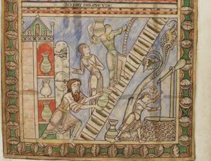 servants filling six jars with water: one is pulling up (a bucket of) water from a well, at the foot of a tree; a second one is ascending a staircase, carrying a jar on his shoulder, holding the banisters with his left hand; a third, at the bottom of the stairs, holds a jar with both hands stretched forward; a fourth, standing next to the stairs opens the door of the cupboard, containing jars and points at them with his left hand in front of his chest.