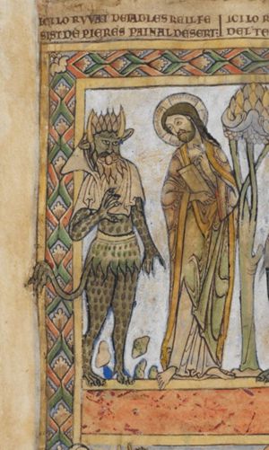 Satan, a devil in phantasy shape, drops stones from his left claw, holding his right in front of his chest, asking Christ, who holds his left hand in front of his chest in a gesture of speech and a book in his right and turns his head to his right, `to command these stones to become loaves of bread'; a tree.
