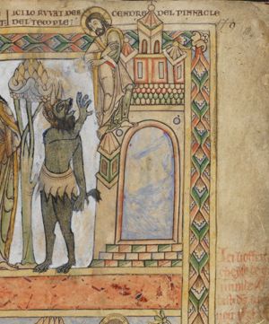 Satan, a devil in phantasy shape, turns his head back to his left, looking up at Christ, raising his right claw in a gesture of speech, and stretches his left hand down and asks Christ, standing on the roof of the temple, looking down and holding his hands in front of his body, the right directed to his left, the left to his right in a gesture of speech, `throw yourself down' (from the temple).