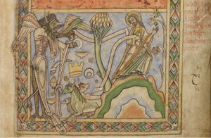 Satan, a devil in phantasy shape, dressed in a cloak with knots in the sleeve and hem, stretches both hands to his left, holding an inscribed scroll in the right and a ring in the left, saying `all these will I give you' ; Christ represented as if walking forward, turns his head back to his right, stretches his left hand forward with the palm in front view, and holds an inscribed scroll in his right; between them `float' symbols of the `glory of the world': cups, a drinking-horn, jewels, rings, a crown, a horse, a cow and a sheep.