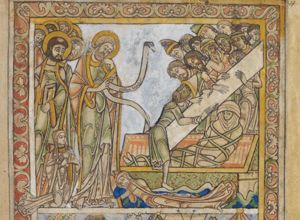 Christ, bending his left hand to his head, holds his right hand in front of his chest in a speaking gesture, at the same time holding an inscribed scroll; Lazarus, wrapped in a shroud, sits in a sarcophagus, while a group of people is lifting up the lid; Peter stands behind Christ, in front of a group of apostles, holding a book in his left and with his right hand in front of his chest in a gesture of speech; Martha kneels at the right of Christ, wringing her hands; Mary Magdalena lies face down to Christ's left, holding her head with her right hand and touching Christ's foot with her left.