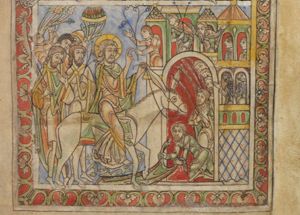 people, leaving the city-gate, spread their clothes and wave palm branches before Christ, who is riding on the ass from left to right with his hands forward, blessing with the right and holding the reins with the left and sitting on the cloak of one of the apostles; people, looking through the windows in the city-wall and small towers, make various gestures; closest to Christ is a man stretching both hands forward holding flowers in the left and the palm of his right in front view; above the gate-opening a man points down; another one, with his arms sidewards, points with his right hand; apostles follow Christ, one holding a palm branch, one with flowers; above them a man is cutting branches from a tree with a sickle.