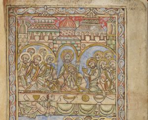 Christ, seated behind a table between the apostles, holds his hands sidewards, giving a bread to Peter on his right, who holds a knife in his left and takes the bread with his right in front of him, and a chalice to an apostle on his left; John leans against Christ's chest, supporting his head with his right hand, holding a book with the left arm; Judas, alone in front of the table, lies on his back with uplifted upper part of the body, turning his head to his left and looking up at Christ, while stretching his right hand forward to his left side, pointing at the bowl with fish on the table and holding a money-bag with his left hand in front of his chest; the other apostles make various gestures: a hand in front of the chest with the palm in front view or in a gesture of speech; one holds a knife.