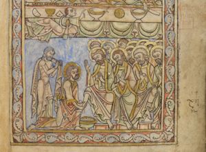Christ, kneeling on one knee, holds Peter's foot with his hands stretched forward, above a laver; Peter holds his hands forward with the palms turned towards each other; the other apostles sitting behind Peter or to his left, two of them with a hand in front of their chest with the palm in front view; behind Christ a servant carrying a towel over his shoulder.