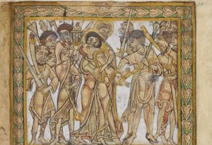 accompanied by soldiers with torches, a lantern and weapons, Judas kissed Christ, while standing behind him, putting his left hand around Christ's shoulder and with his right hand touching the left arm of Christ, who turns his head back to his right and stretches his hands, which are bound, forward; a soldier grabs Christ's left wrist with his right and pulls with his left at the rope with which Christ's hands are bound; Peter, whose head and hand are visible behind Christ, cuts off the ear of Malchus, who turns his head to his right.