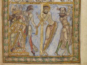 Christ, who is blindfolded, is tied to a column with crossed arms and bare torso; two men flog him, the one on his right simultaneously pulling the rope with which his hands are tied, the one on his left wearing a belt; Pilate is sitting at the left, with his hands in front of him, both in a gesture of speech, the left one directed to the right, the right one directed to the left; a small devil in a phantasy shape whispers in his ear, standing on his shoulder; a group of men stands behind Pilate, a man at the right side of the scene points at Christ with his right hand stretched forward.