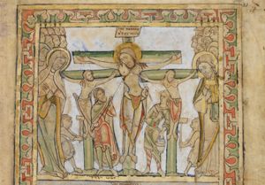 idem, but Stephaton holds a bucket in his left and there is a cup attached to the pole instead of a sponge; Longinus pierces Christ's side; soldiers breaking the legs of the malefactors with clubs; Mary wringing her hands and John, writing with a stylus on tablets, held in front of his chest; standing at either side of the cross, to which the superscription is attached; behind John and Mary people are standing, shouting at Christ.