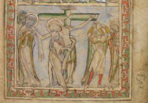 Nicodemus and Joseph of Arimathea, both wearing a cap, take down Christ from the cross; one of them pulls the nail from Christ's left hand with a pair of tongs; the other supports Christ's body, with his left, covered with a cloth, around Christ's waist; John bends his right hand to his head, holding a book in his left; Mary holds the right hand of Christ against her cheek, with her hands covered; another woman behind her rests her head against her left hand; to the cross the superscription is attached.