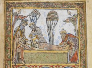 Joseph of Arimathea(?) and Nicodemus(?), wearing caps lay down Christ's body, wrapped in a shroud, holding it by the shoulders and legs; a third man pours ointments on the body, spreading it out with his right hand; trees.