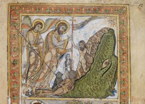 Christ, stabbing Satan, who is in fetters, with a bannered cross which he holds in his left hand; he steps on a devil in the shape of a serpent; an angel behind him stabs another devil with a lance; Christ takes Adam by the hand, liberating him from hell, of which the entrance is represented as an monstrous mouth; Adam stands with his arms spread sidewards; Eve clings to the cross which Christ holds; the sun above the mouth of hell.