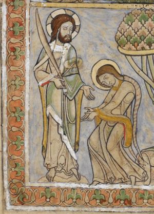 Mary Magdalene, her hair in two pony-tails, covered with cloth, kneeling before Christ, holding her hands forward with the palms turned towards each other; Christ stretches his left hand forward with the palm turned up, holding a palm branch in his right.