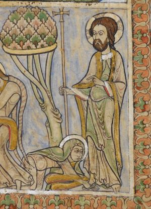 Mary Magdalene(?) kneels before Christ and touches his foot; Christ holds a cross in his right and stretches his left hand forward in a gesture of speech; a tree behind Mary.