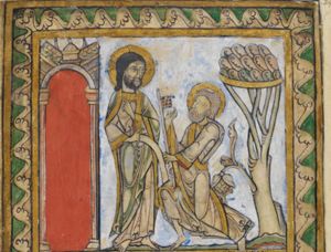 Peter, dropping to his knee before Christ, raising his right hand in a gesture of speech, holding a key in his left; Christ holds his hands in front of his chest, the right directed to his left in a gesture of speech, the left directed to his right, pointing at a city-gate(?) behind him; a tree behind Peter.