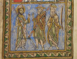 Christ, holding a pilgrim's staff with his right and raising his left hand in a gesture of speech, before his disciple Cleopas and Peter, the foremost of whom wears a Jew-hat and fur, holds a pilgrim's staff with his left and raises his right hand in a gesture of speech; the second one holds his right in front of his chest, pointing behind him, and holds a palm branch in his left.