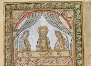Christ holds his right hand in front of his chest in a blessing gesture and stretches his right hand forward, touching the bread on the table; the disciple on his right pouring wine(?), holding his left hand in front of his chest; the one on his left holds a cup in his left and touches a piece of bread with his right hand forward; they both wear a cap; a palm branch on either side of the table; architectural setting; curtains around a column.
